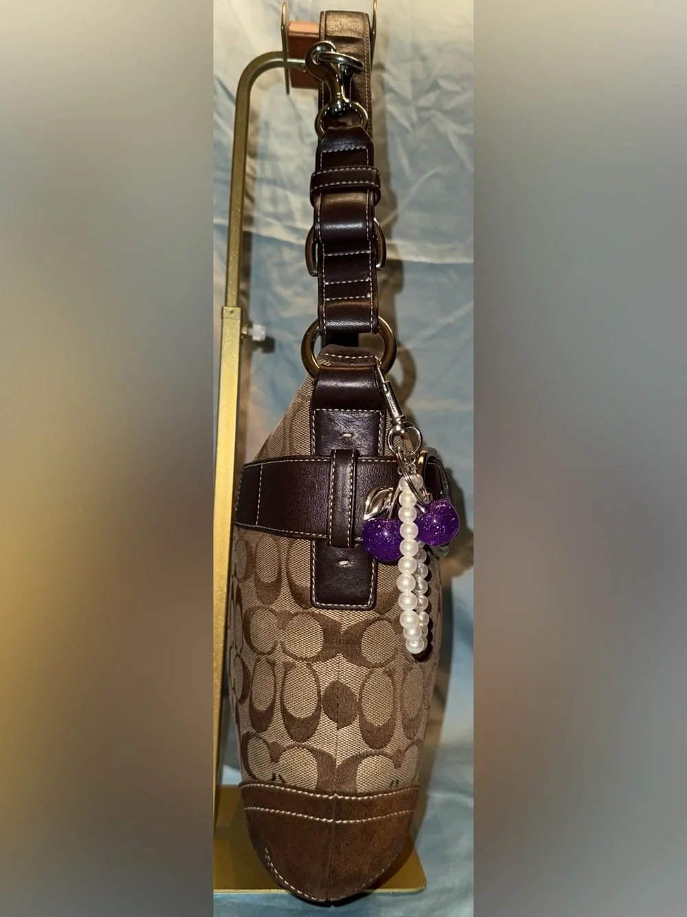 Coach 3574 Soho Signature Jacquard Tan & Brown with Brown Suede Shoulder Bag